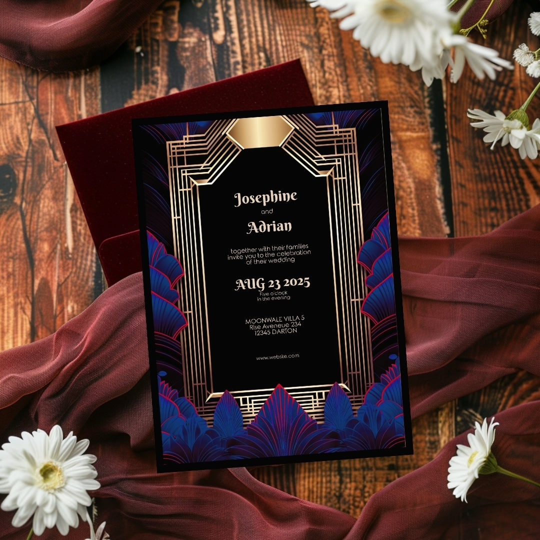 Blue Feather Gold Art Deco Wedding Invitation