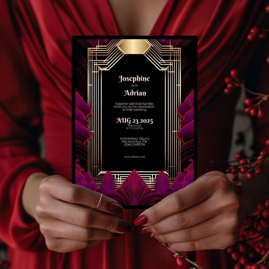 Pink Magenta Feather Art Deco Wedding Invitation