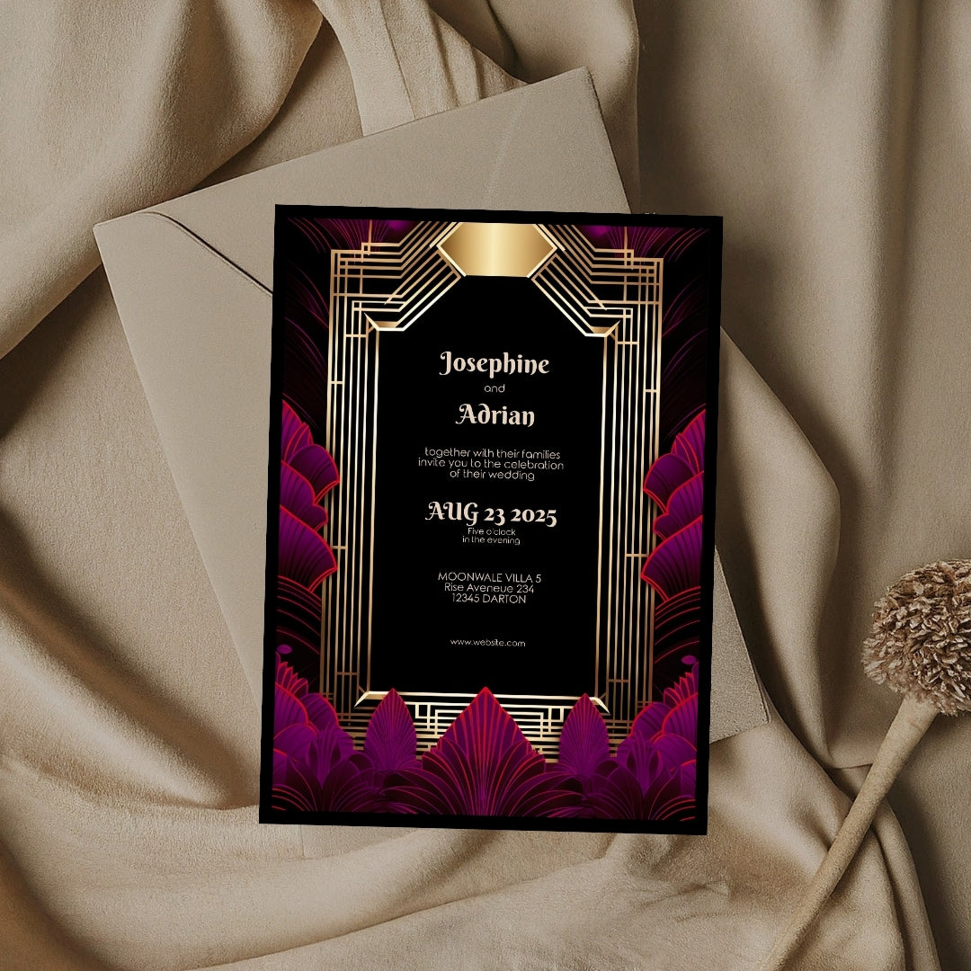 Pink Magenta Feather Art Deco Wedding Invitation