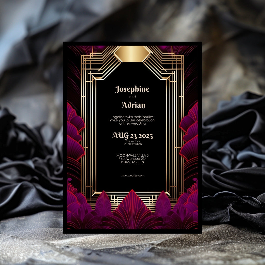 Pink Magenta Feather Art Deco Wedding Invitation