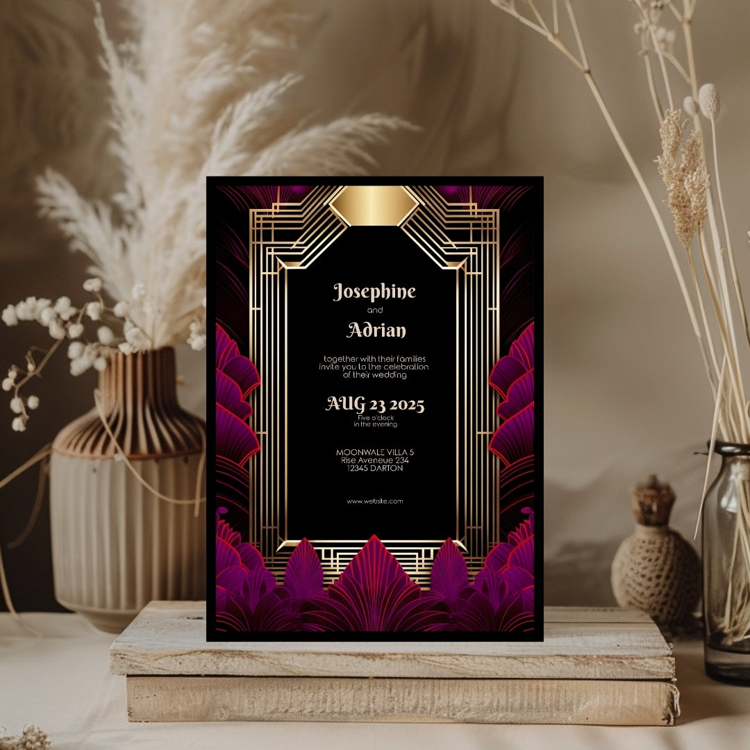 Pink Magenta Feather Art Deco Wedding Invitation