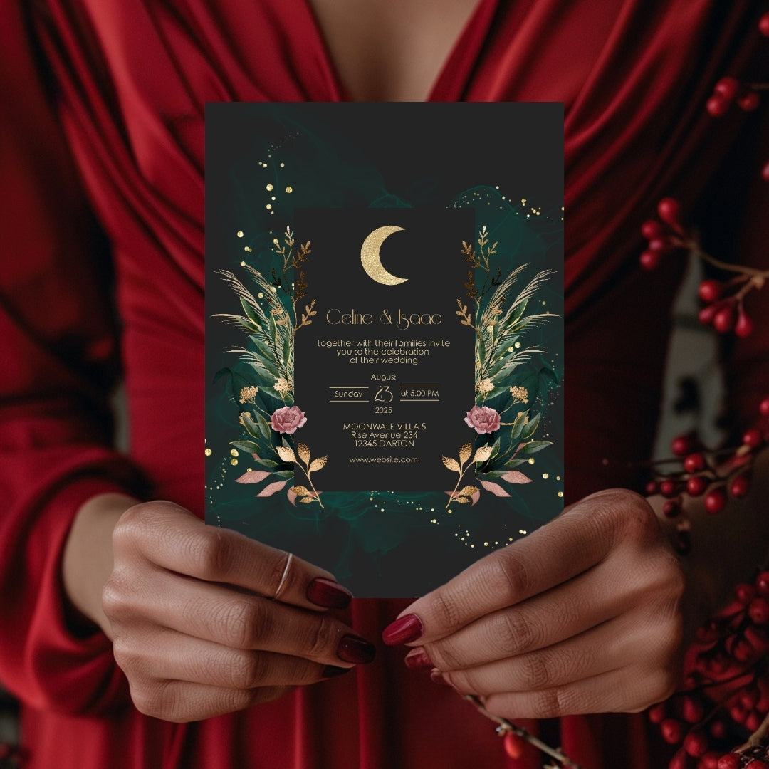 Green Celestial Floral Garden Wedding Invitation Set - 5x7 Invitation, 4.5x6.25 Details, 3.5.x5 RSVP