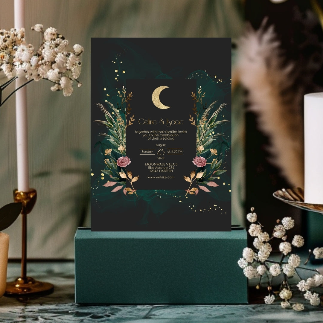 Green Celestial Floral Garden Wedding Invitation Set - 5x7 Invitation, 4.5x6.25 Details, 3.5.x5 RSVP