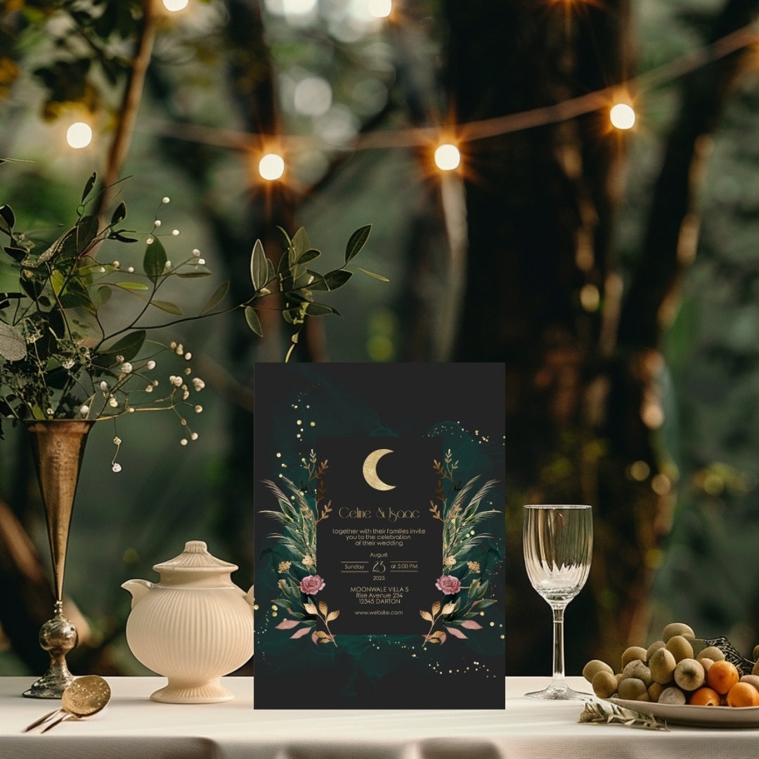 Green Celestial Floral Garden Wedding Invitation Set - 5x7 Invitation, 4.5x6.25 Details, 3.5.x5 RSVP