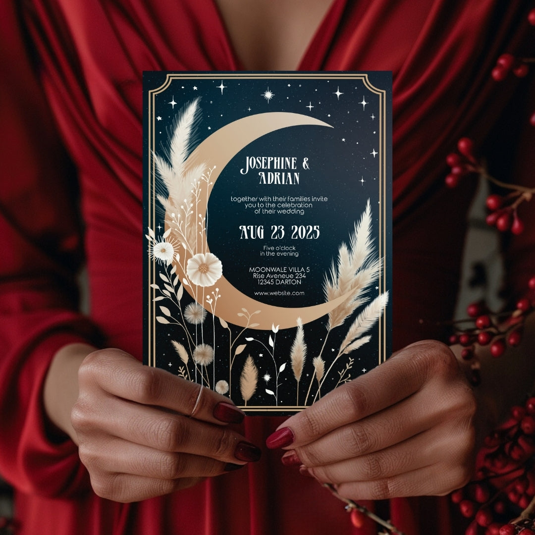 Celestial Moon Dry Pampas Grass Wedding Invitation