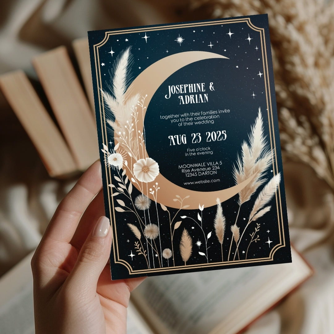 Celestial Moon Dry Pampas Grass Wedding Invitation