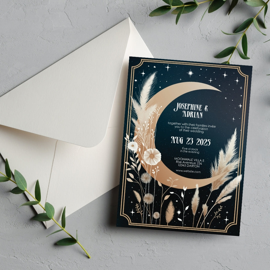 Celestial Moon Dry Pampas Grass Wedding Invitation