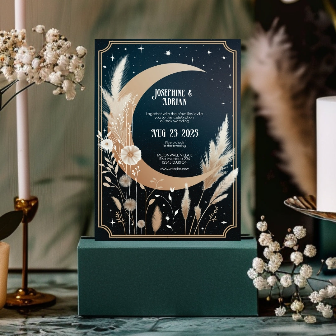 Celestial Moon Dry Pampas Grass Wedding Invitation