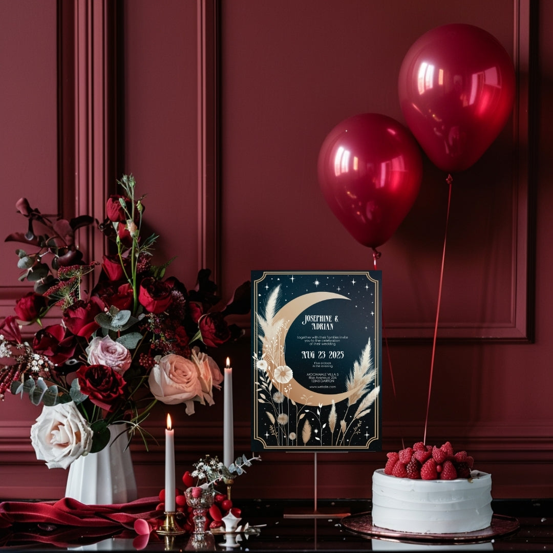 Celestial Moon Dry Pampas Grass Wedding Invitation