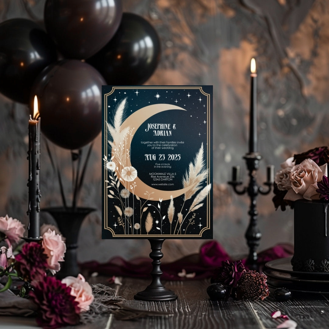 Celestial Moon Dry Pampas Grass Wedding Invitation