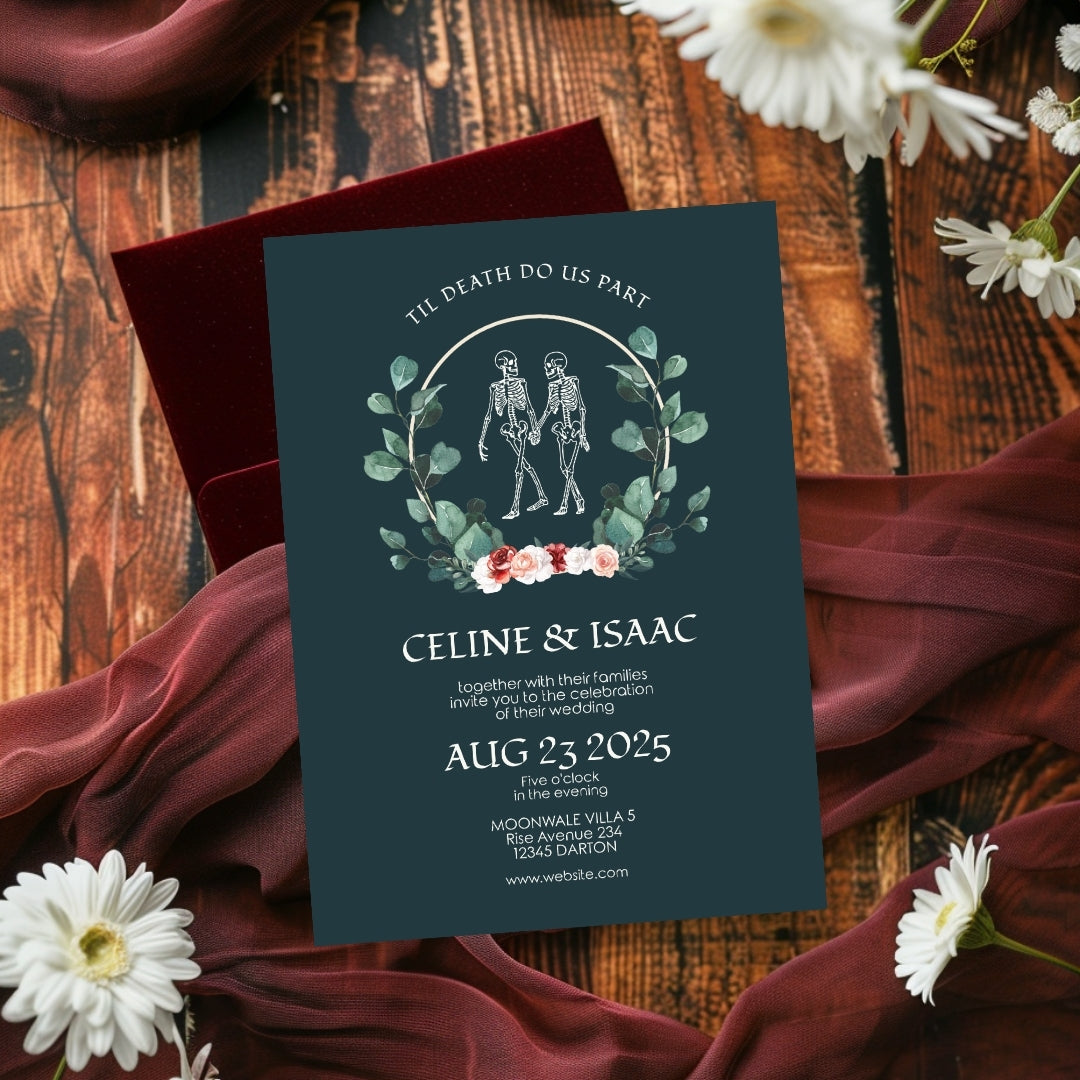 Green Gothic Floral Minimalist Wedding Invitation