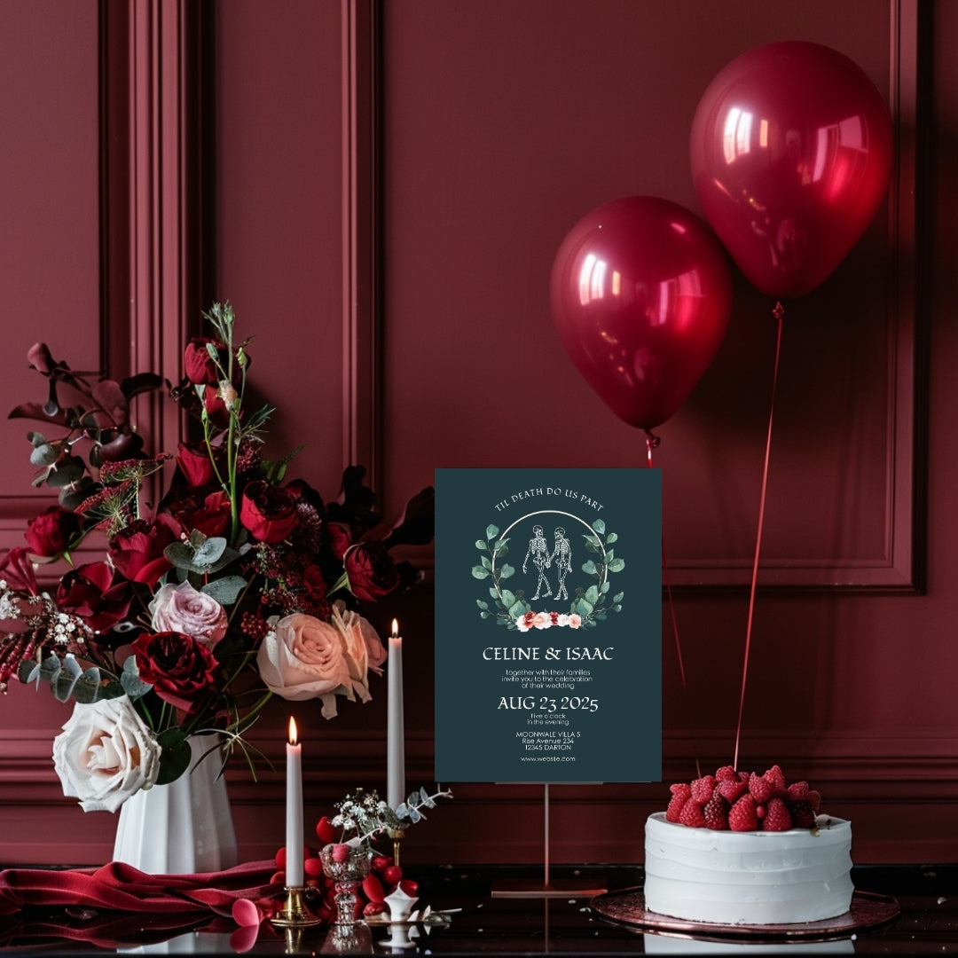 Green Gothic Floral Minimalist Wedding Invitation