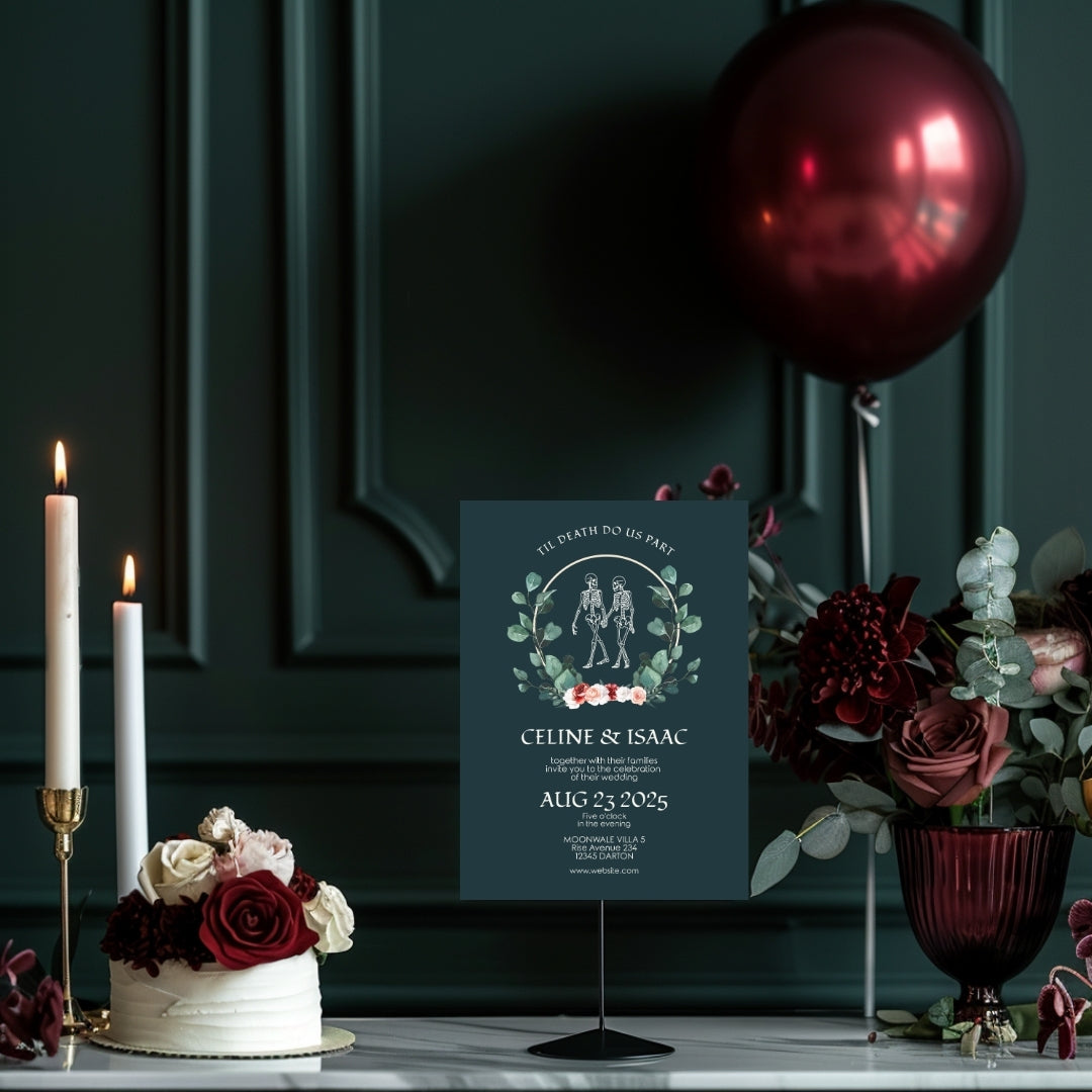 Green Gothic Floral Minimalist Wedding Invitation