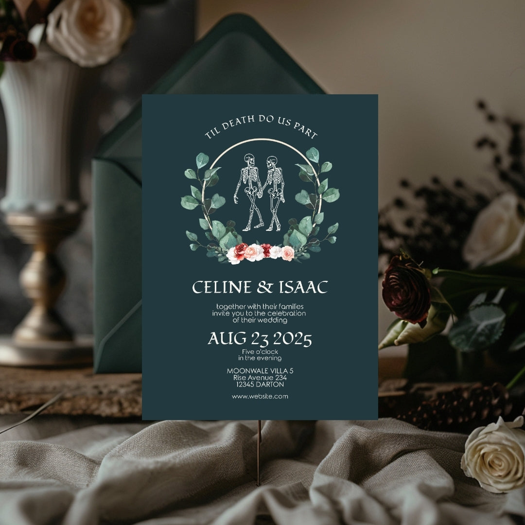 Green Gothic Floral Minimalist Wedding Invitation