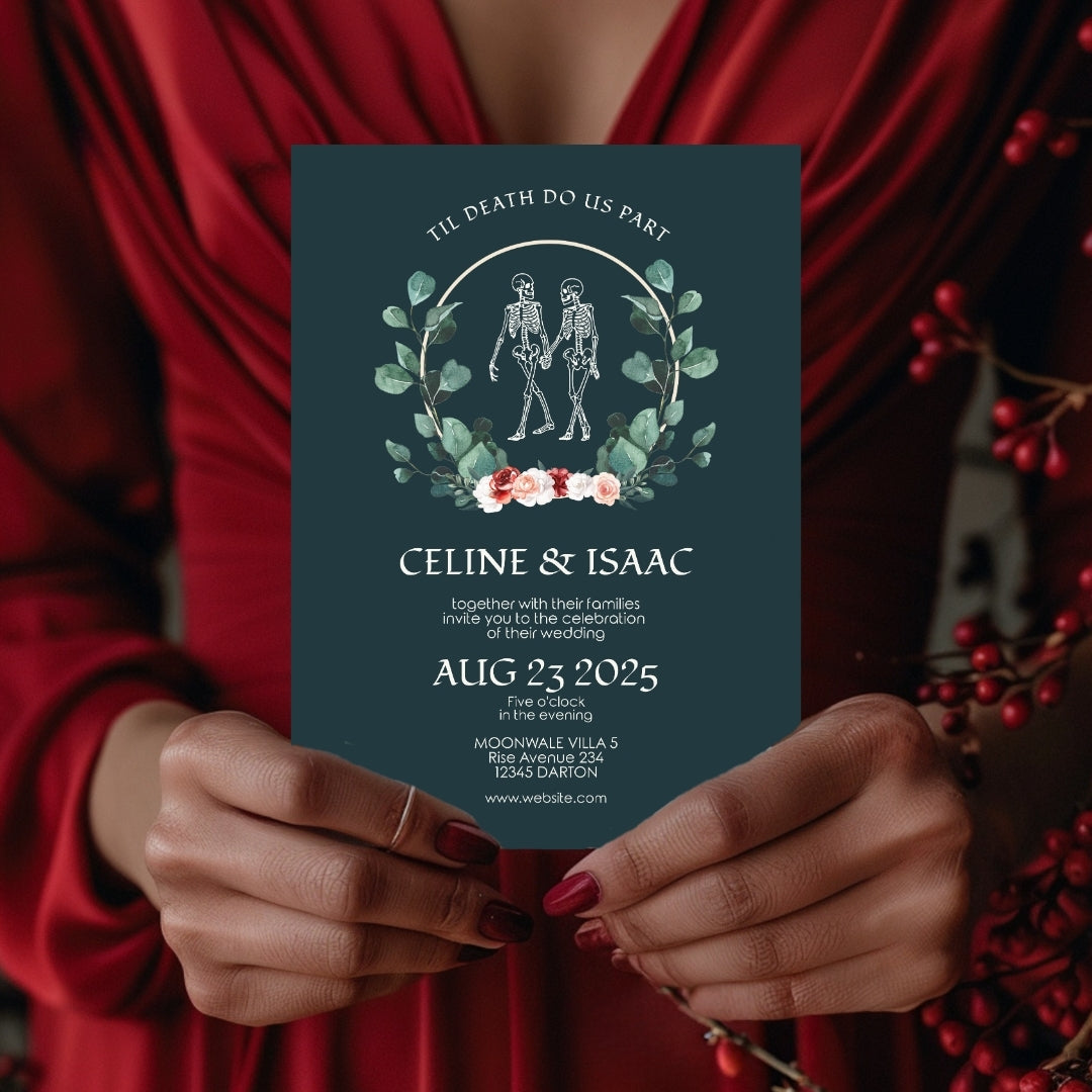 Green Gothic Floral Minimalist Wedding Invitation
