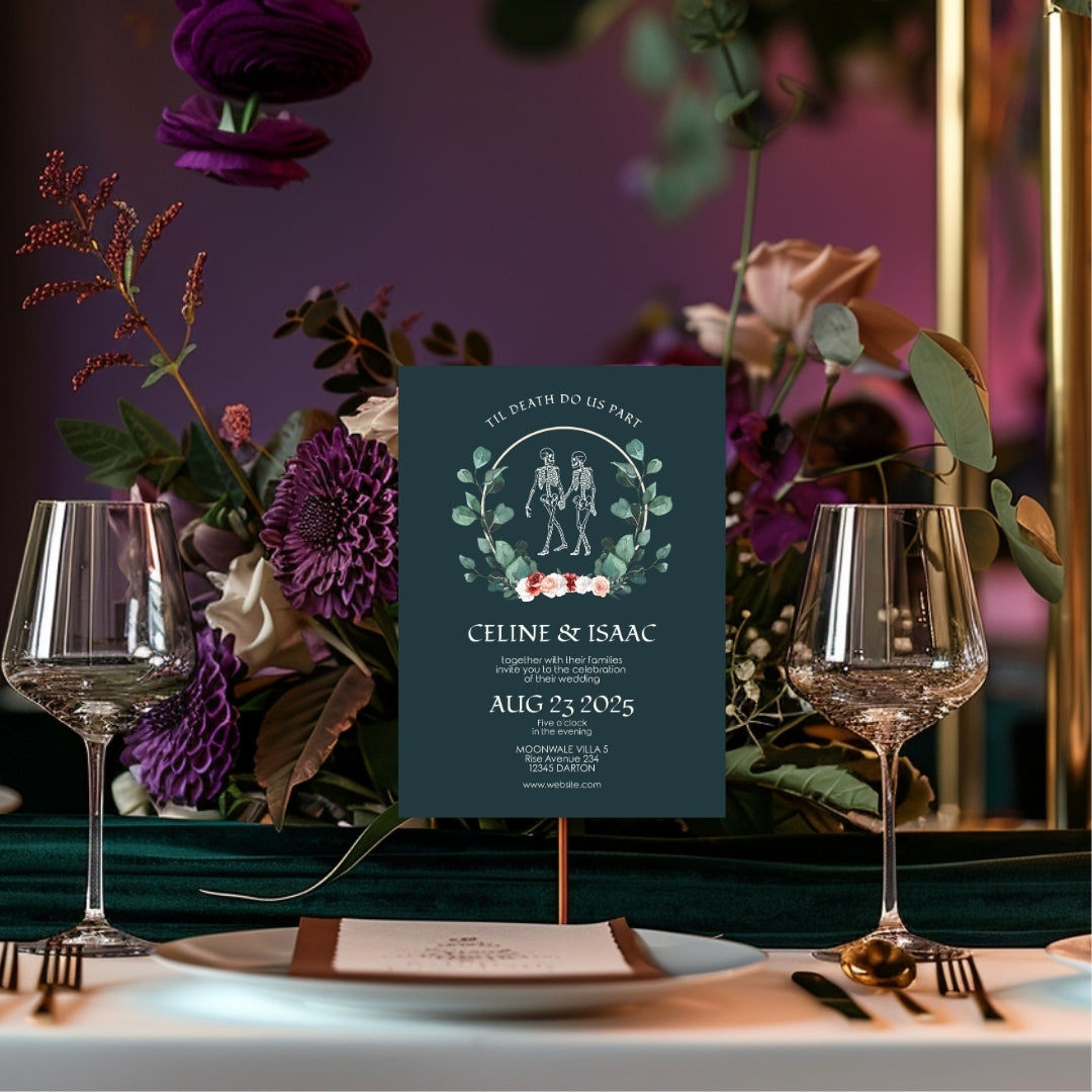 Green Gothic Floral Minimalist Wedding Invitation