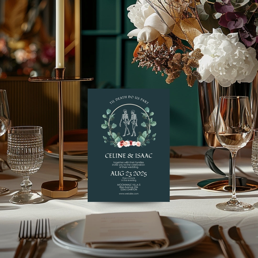 Green Gothic Floral Minimalist Wedding Invitation