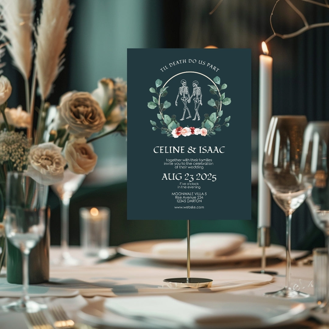 Green Gothic Floral Minimalist Wedding Invitation