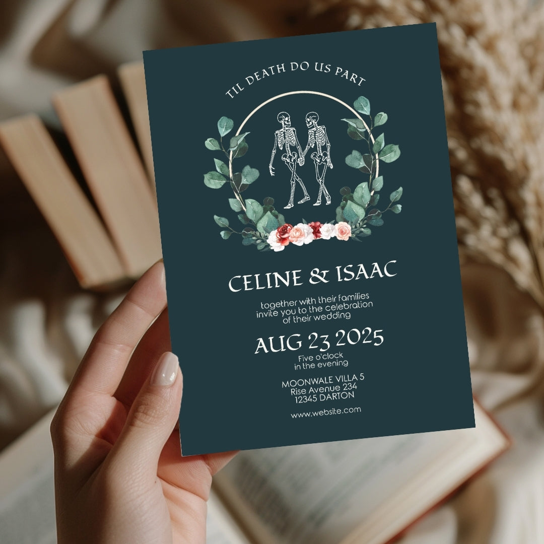 Green Gothic Floral Minimalist Wedding Invitation