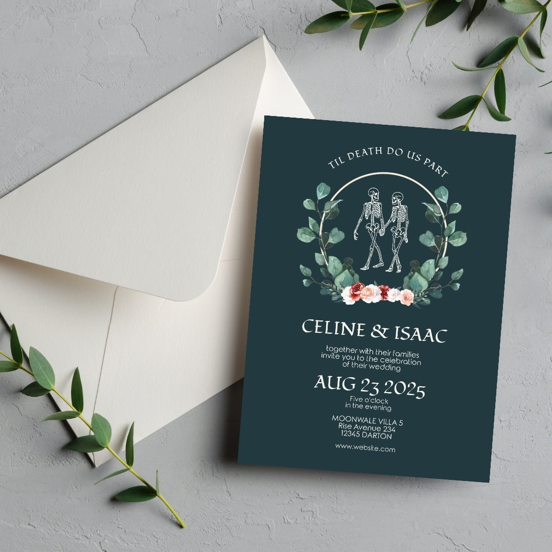 Green Gothic Floral Minimalist Wedding Invitation