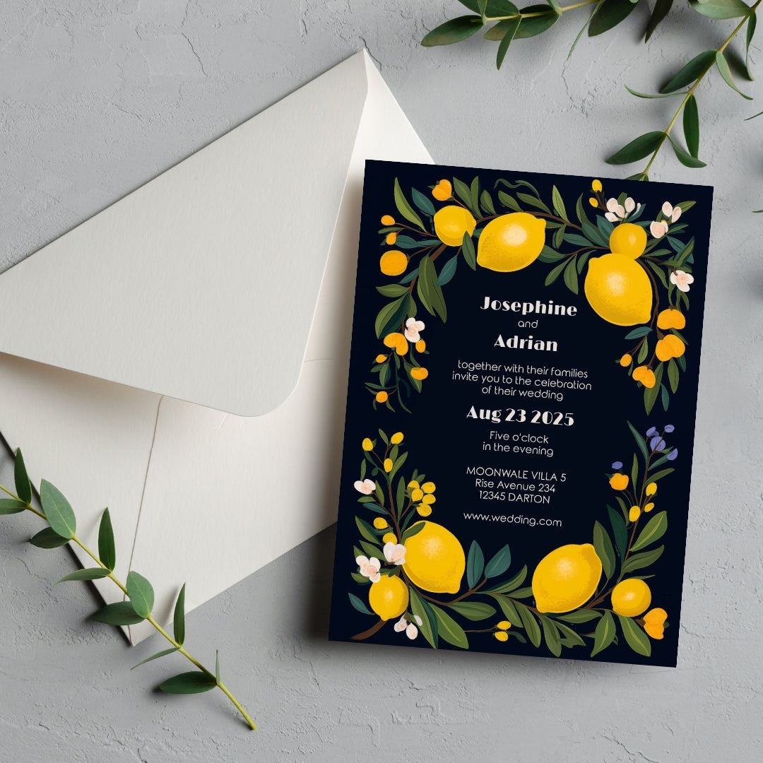Elegant Dark Mediterranean Lemon Frame Wedding Invitation