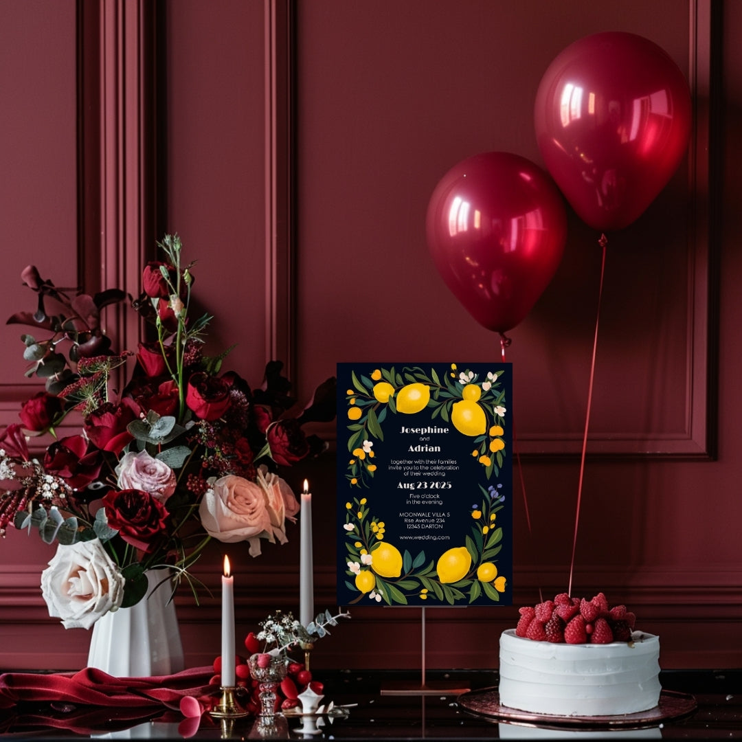 Elegant Dark Mediterranean Lemon Frame Wedding Invitation