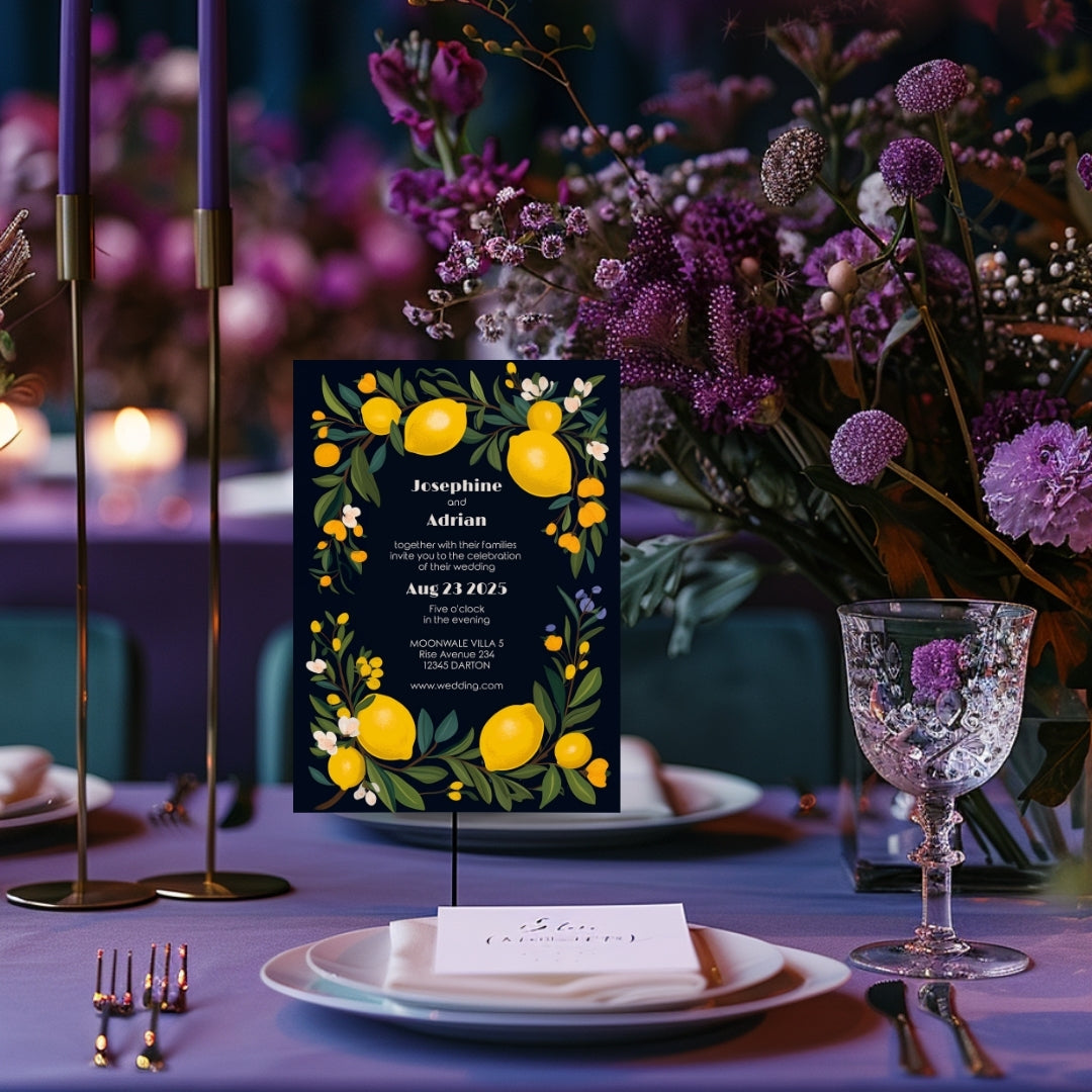 Elegant Dark Mediterranean Lemon Frame Wedding Invitation