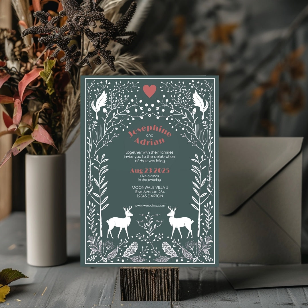 Whimsical Deer Forest Minimalist Wedding Invitation