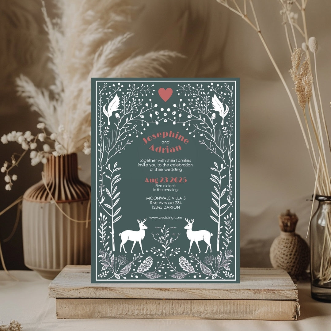 Whimsical Deer Forest Minimalist Wedding Invitation
