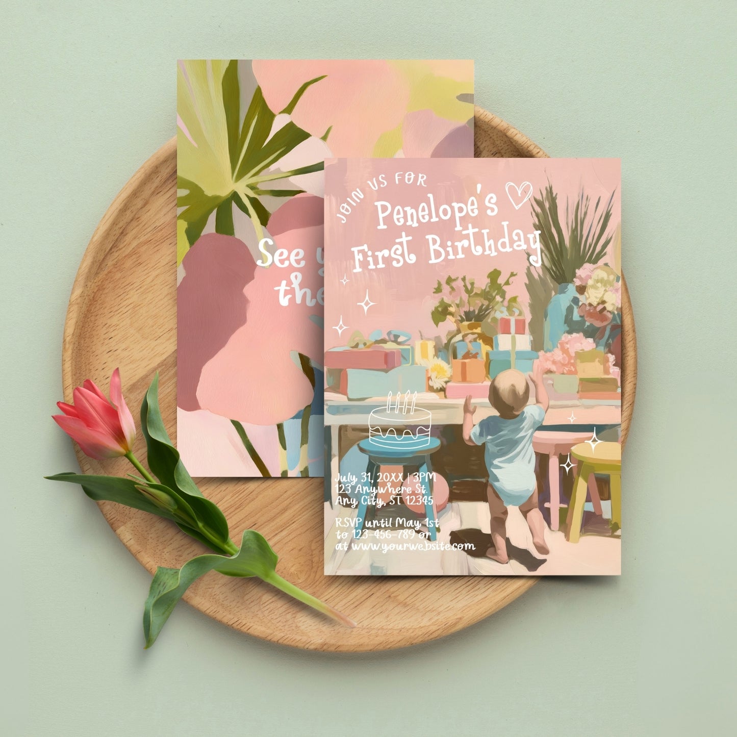 First Birthday Baby Party Template with Pastel Design - Kids Birthday Invitation