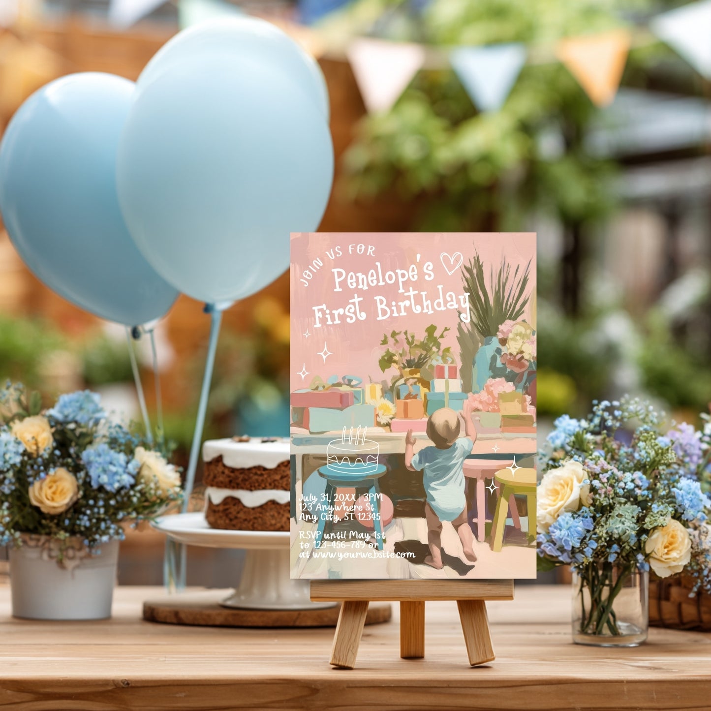 First Birthday Baby Party Template with Pastel Design - Kids Birthday Invitation