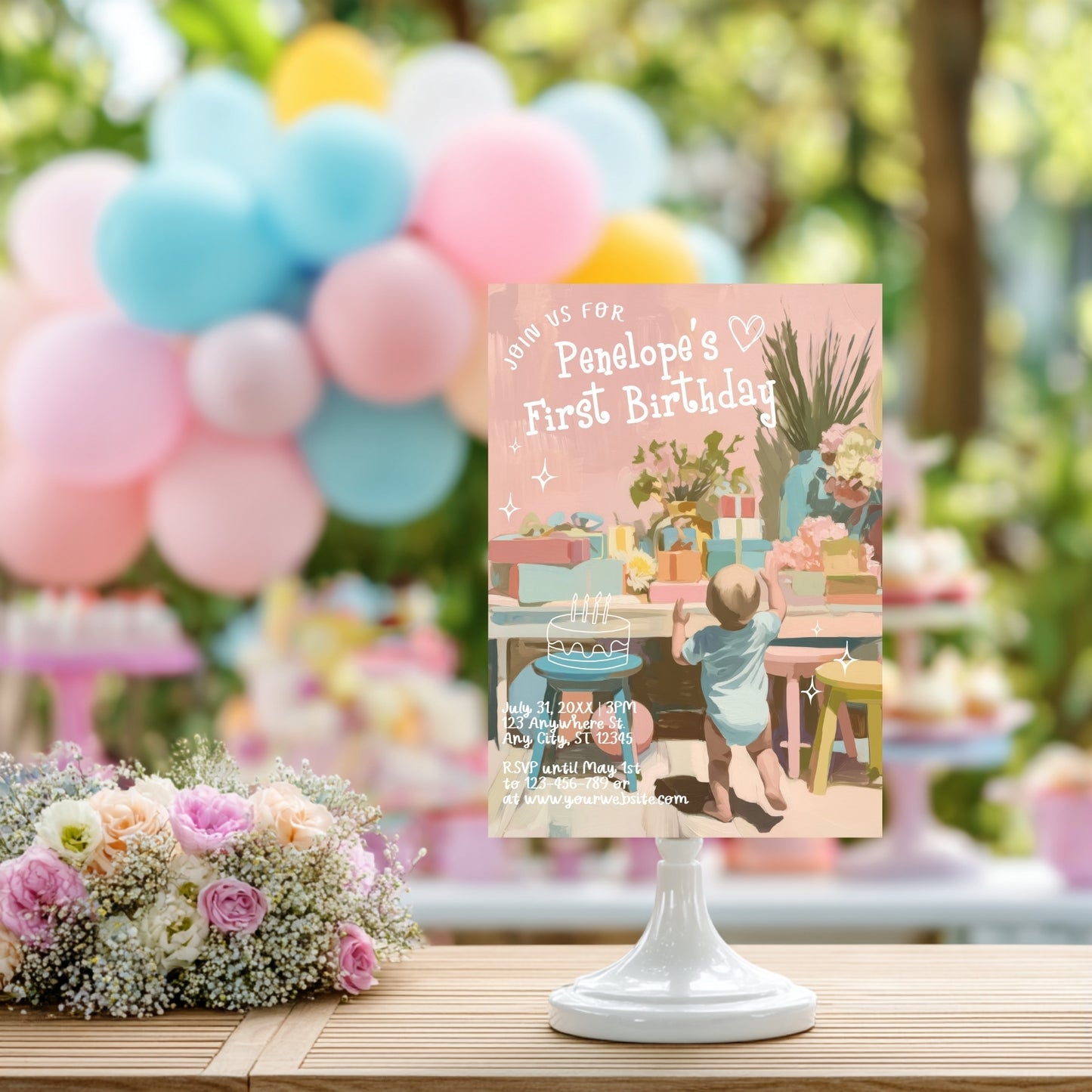 First Birthday Baby Party Template with Pastel Design - Kids Birthday Invitation