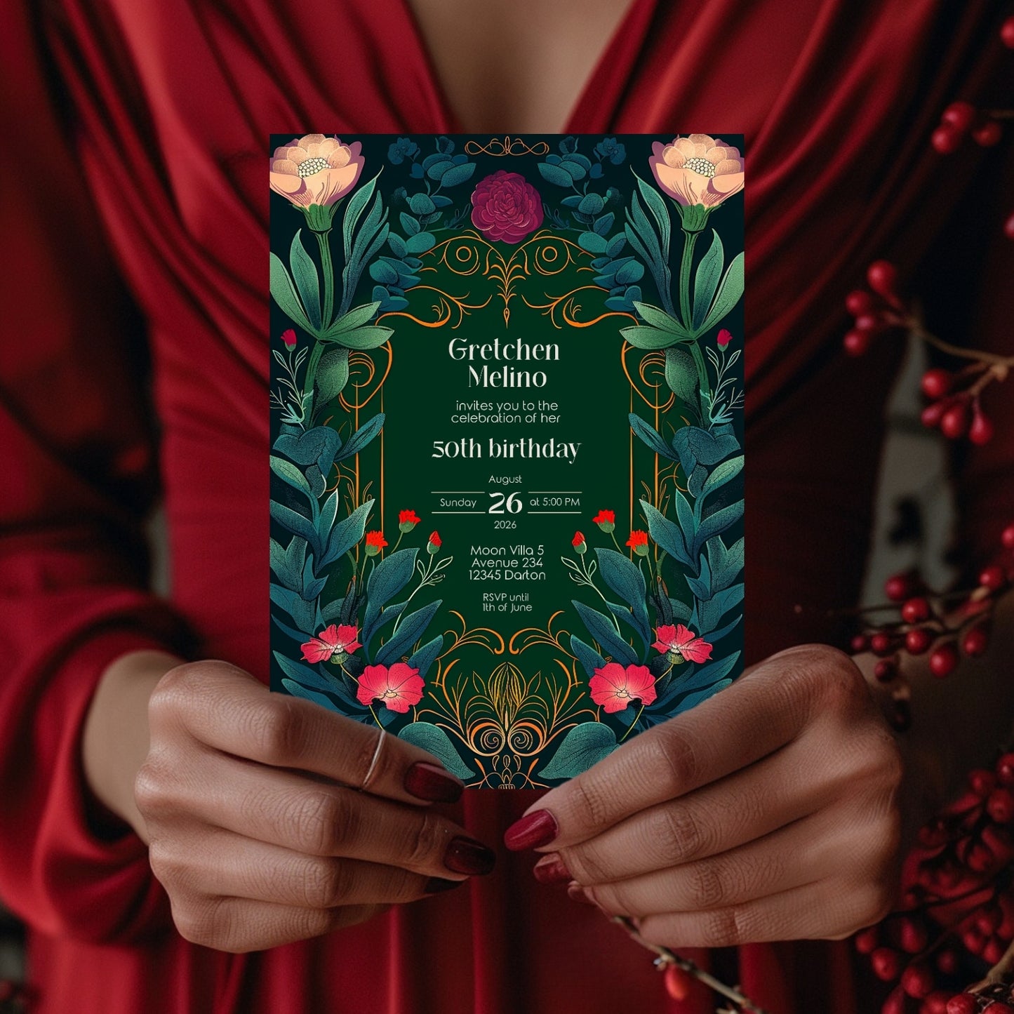 Elegant Botanical Folk Art Nouveau Birthday Invitation