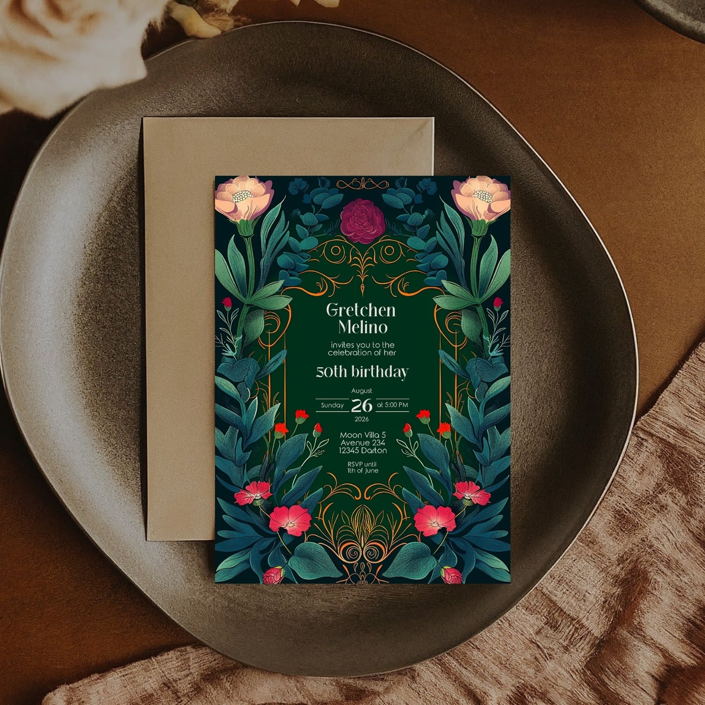 Elegant Botanical Folk Art Nouveau Birthday Invitation