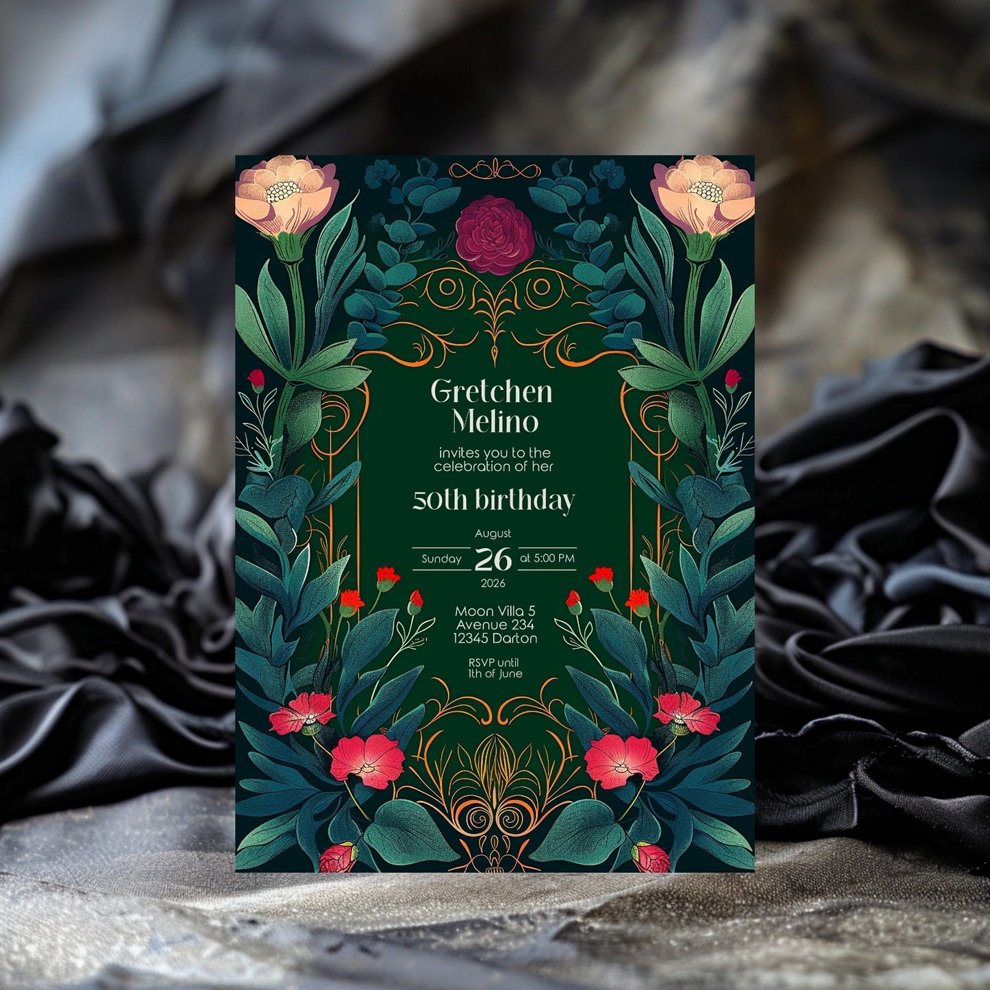 Elegant Botanical Folk Art Nouveau Birthday Invitation