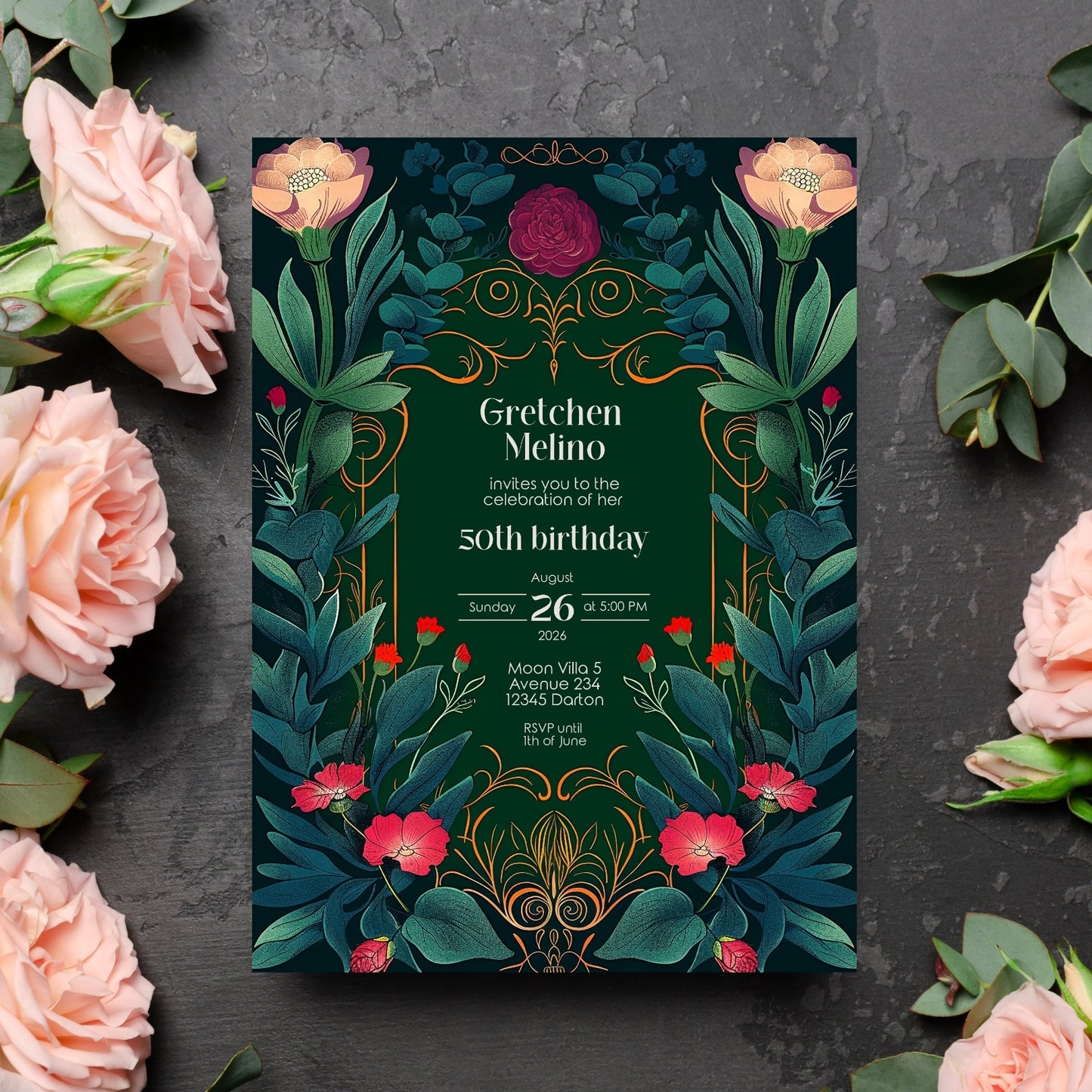 Elegant Botanical Folk Art Nouveau Birthday Invitation