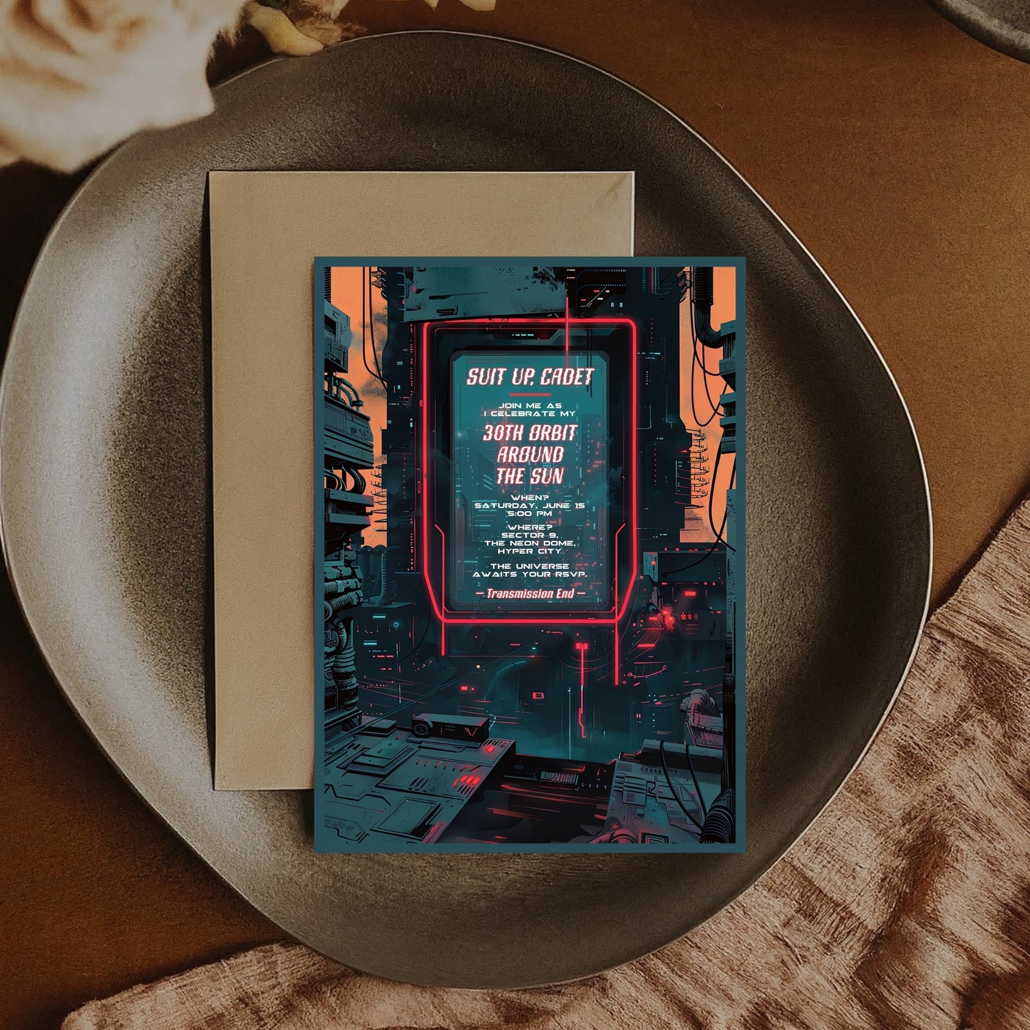 Futuristic Sci-Fi Birthday Invitation - Cyberpunk Space Party Editable Neon Card