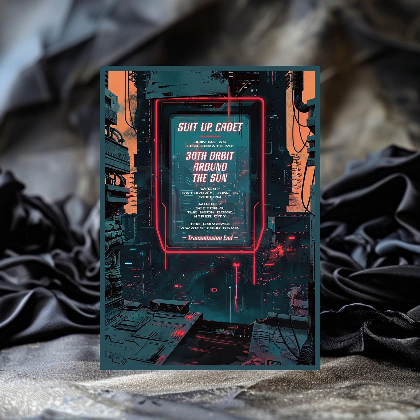 Futuristic Sci-Fi Birthday Invitation - Cyberpunk Space Party Editable Neon Card