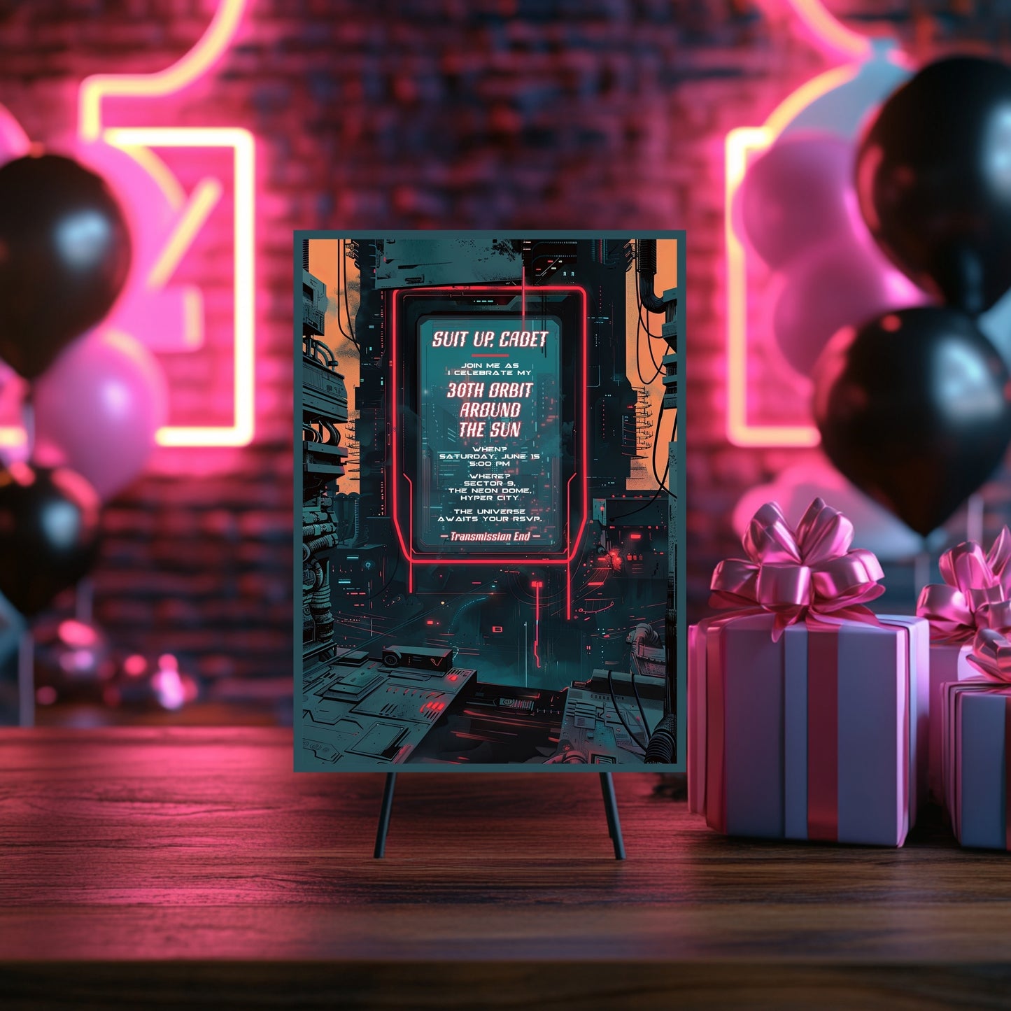 Futuristic Sci-Fi Birthday Invitation - Cyberpunk Space Party Editable Neon Card