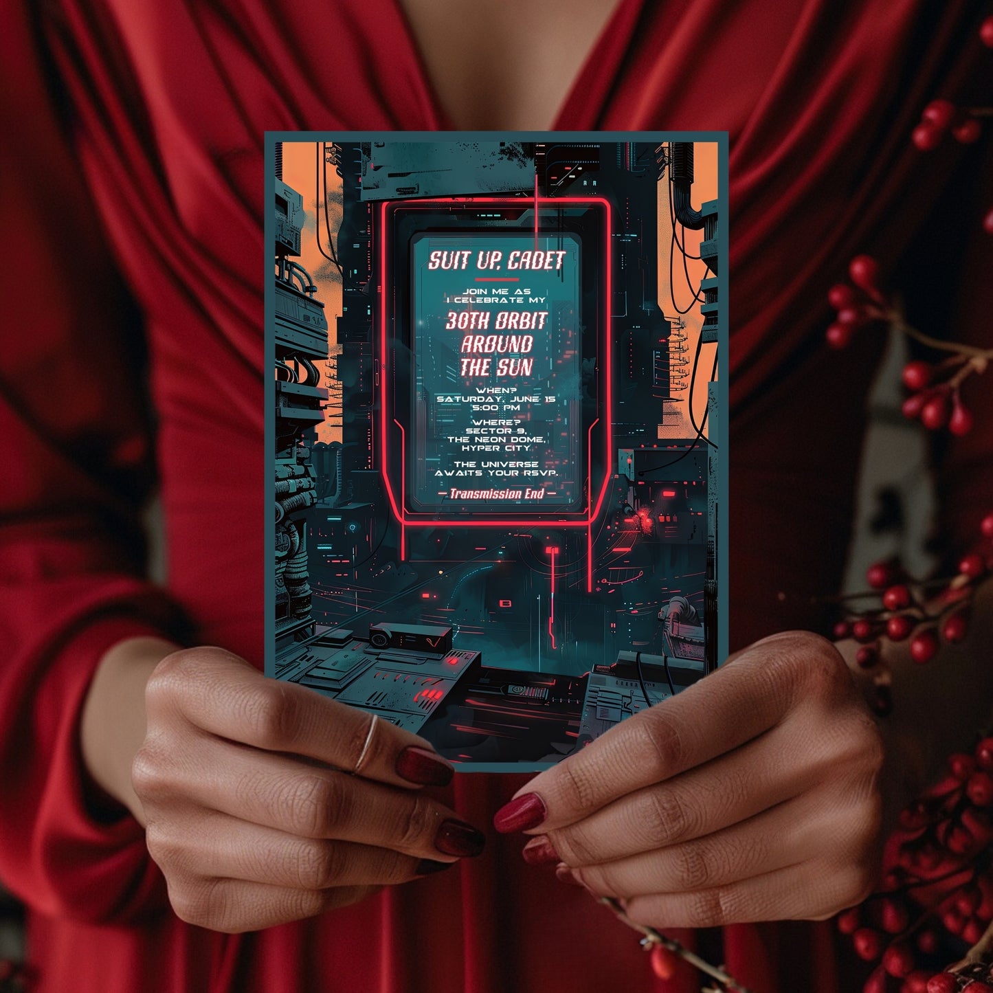 Futuristic Sci-Fi Birthday Invitation - Cyberpunk Space Party Editable Neon Card