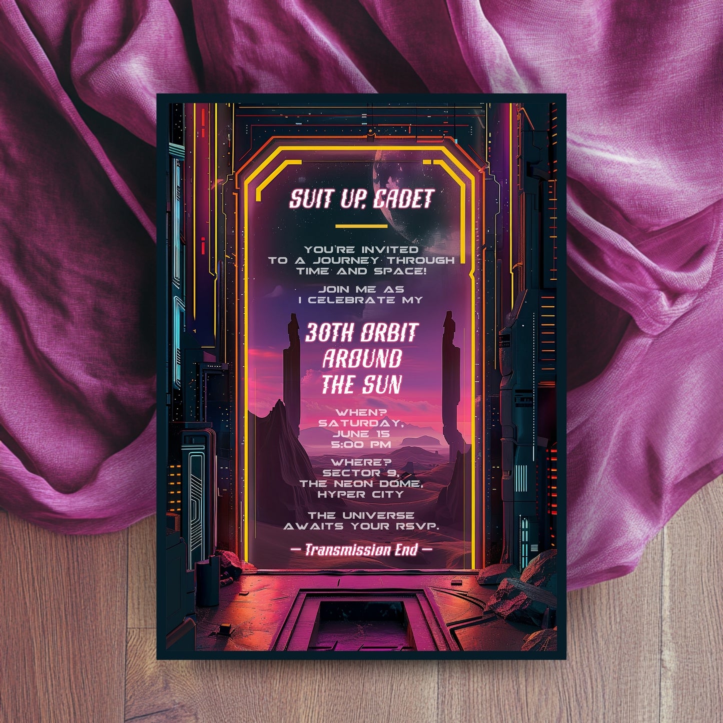 Retro Futuristic Space Birthday Invitation - Sci-Fi Neon City Party Card