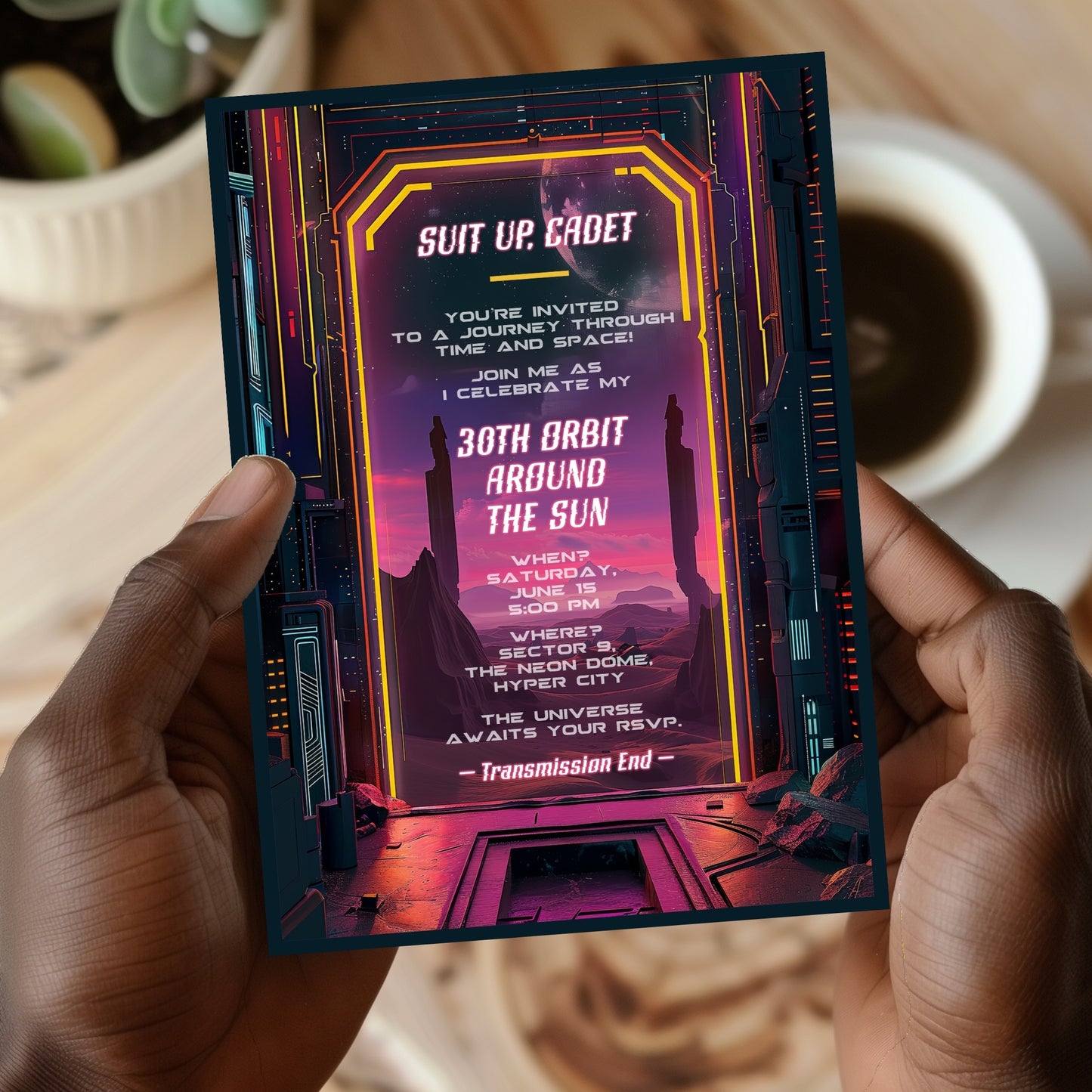 Retro Futuristic Space Birthday Invitation - Sci-Fi Neon City Party Card