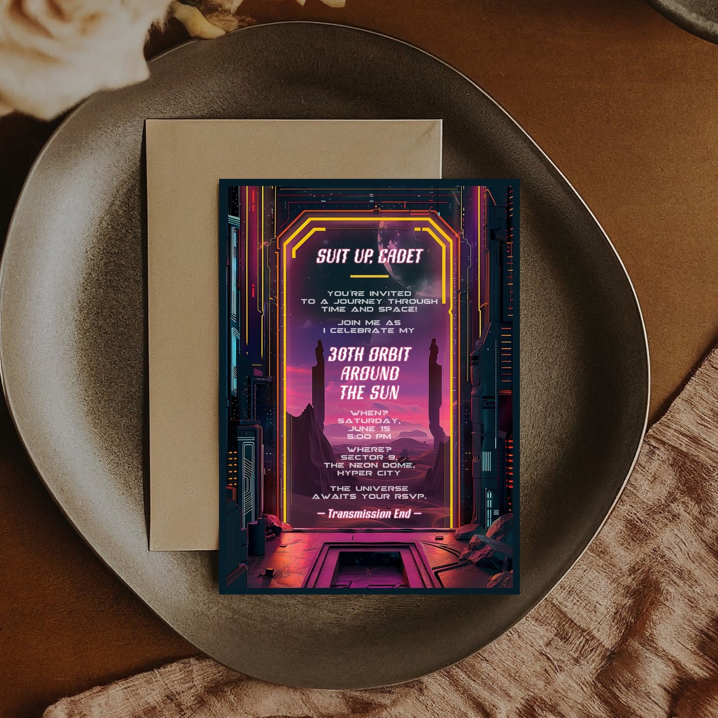 Retro Futuristic Space Birthday Invitation - Sci-Fi Neon City Party Card