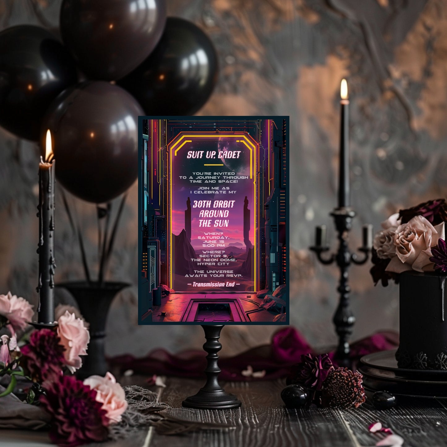 Retro Futuristic Space Birthday Invitation - Sci-Fi Neon City Party Card