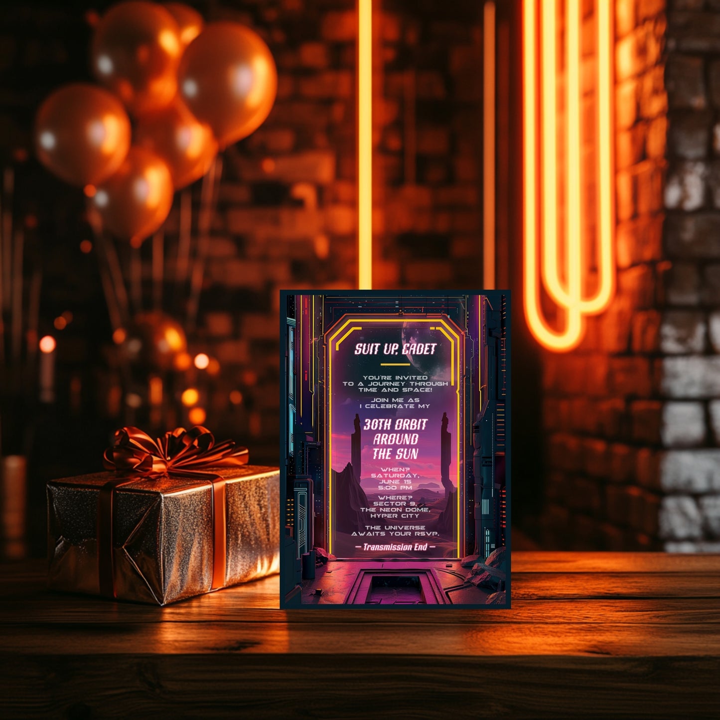 Retro Futuristic Space Birthday Invitation - Sci-Fi Neon City Party Card