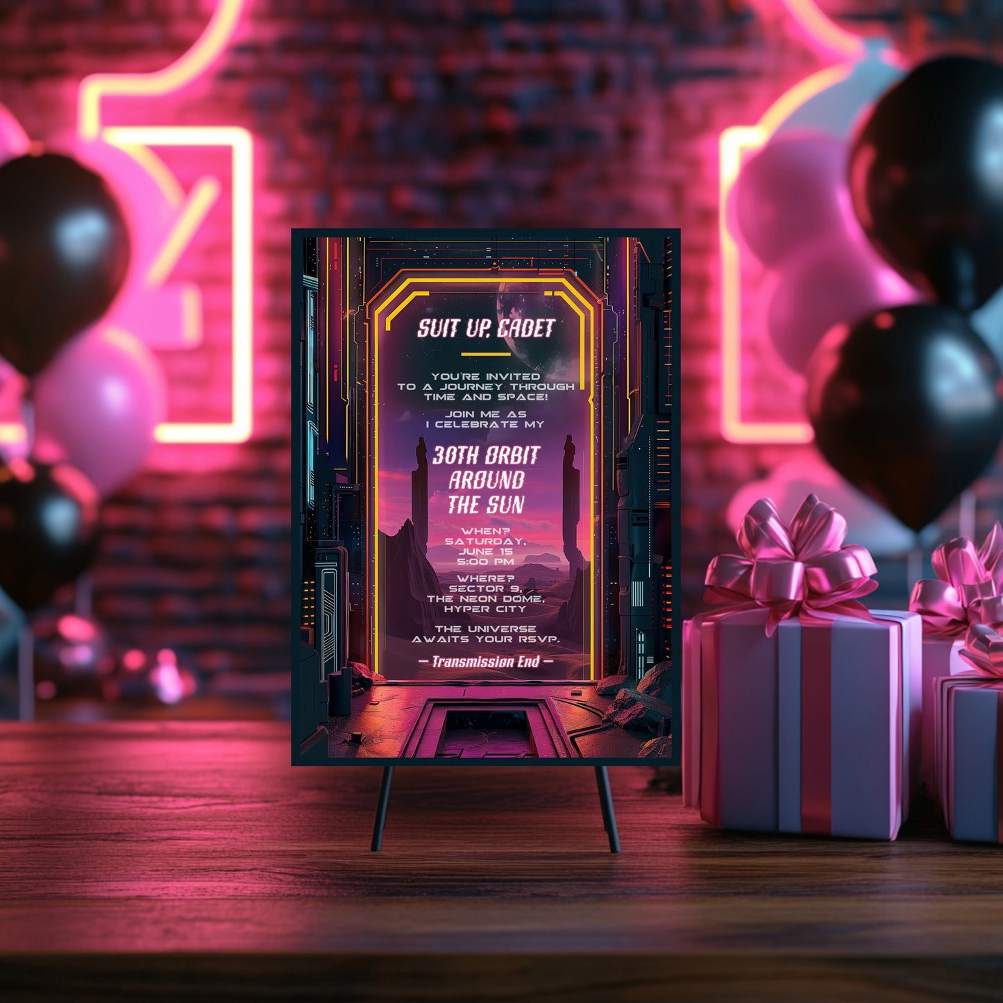 Retro Futuristic Space Birthday Invitation - Sci-Fi Neon City Party Card