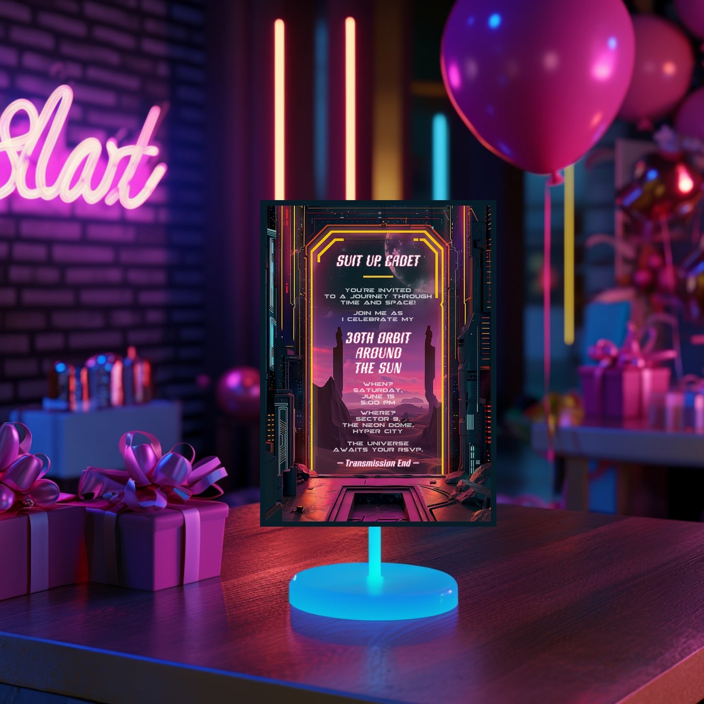 Retro Futuristic Space Birthday Invitation - Sci-Fi Neon City Party Card