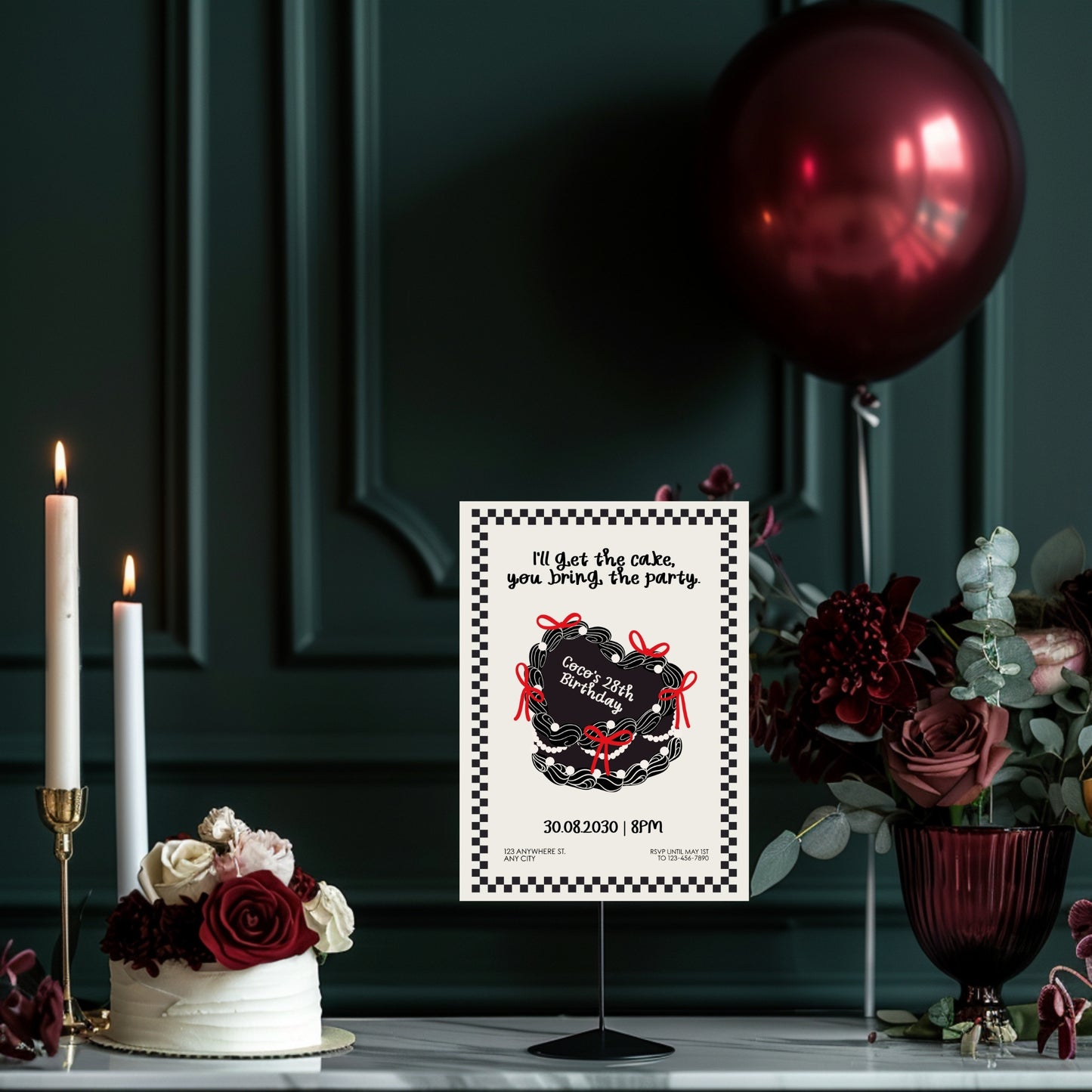 Dark Birthday Party Invitation with Cute Heart Cake – Retro Coquette Doodle Style, Cute Gothic