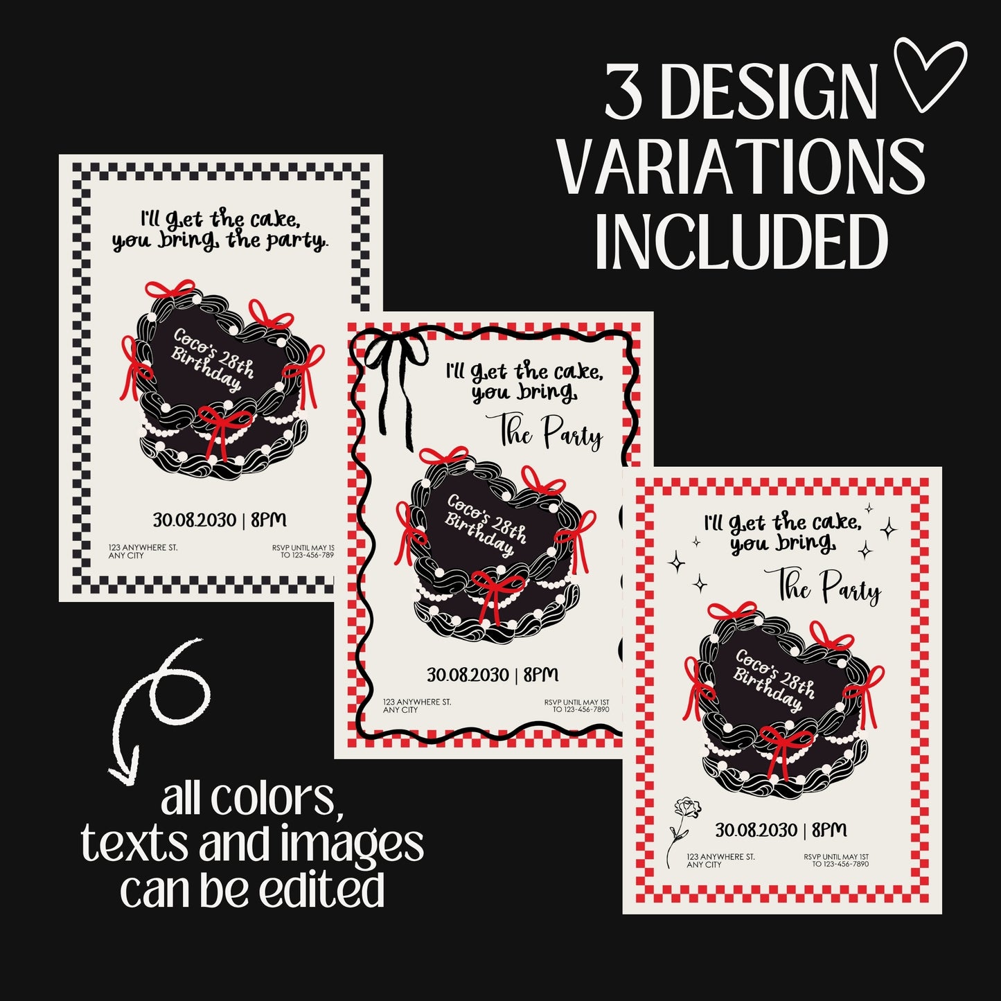 Dark Birthday Party Invitation with Cute Heart Cake – Retro Coquette Doodle Style, Cute Gothic