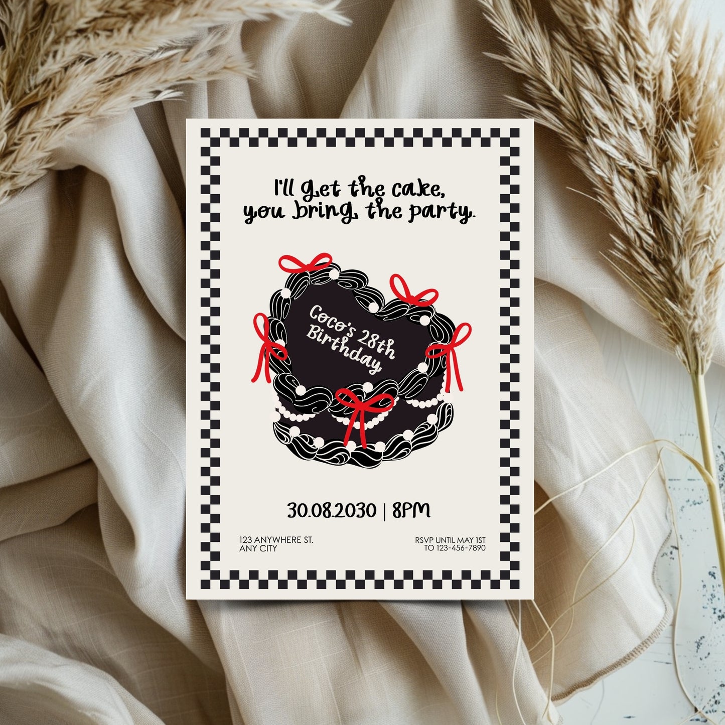 Dark Birthday Party Invitation with Cute Heart Cake – Retro Coquette Doodle Style, Cute Gothic
